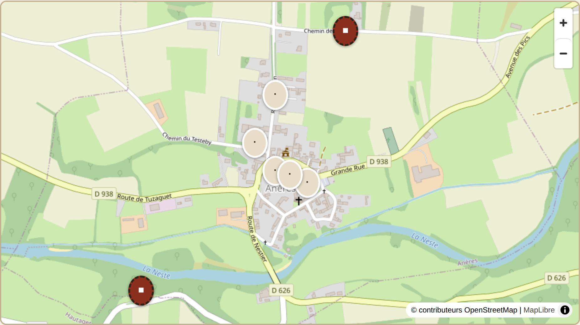 Carte d'Anères avec les lieux du cercle et les infrastructures du scénario